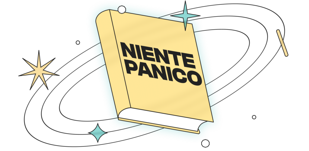 Un libro fluttua in orbita e sulla copertina c'è scritto "Niente panico". 