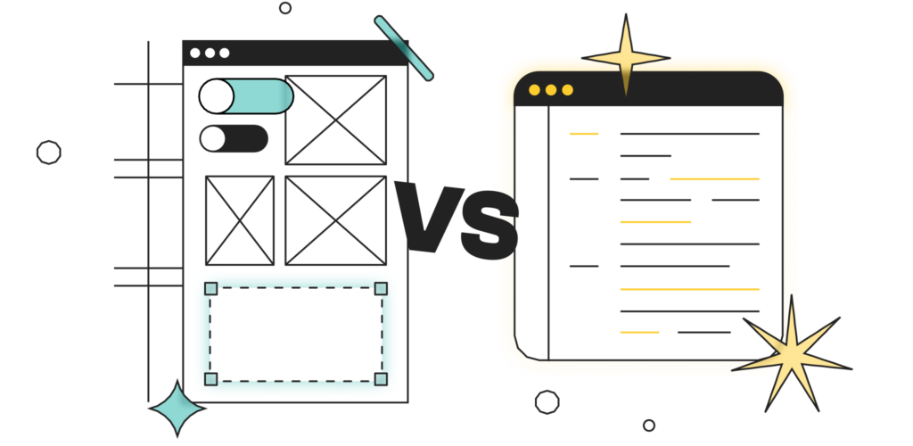 Two screens appear: on the left there's the typical interface layout, while on the right there's a coding software. Between the two there's a text that says "VS".